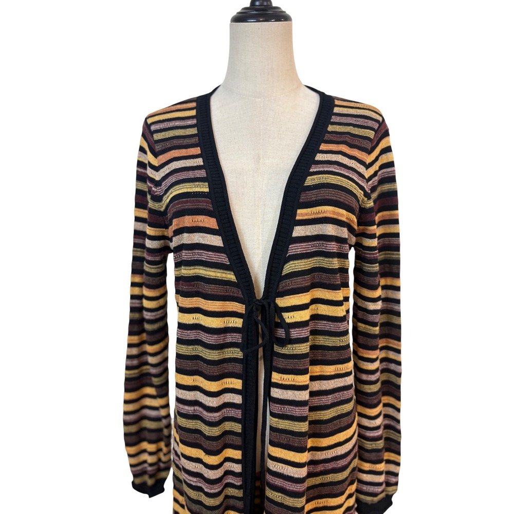 Longline Cardigan Duster Women Size M Multicolor Striped Fringe Y2k Grunge Boho - Picture 3 of 6